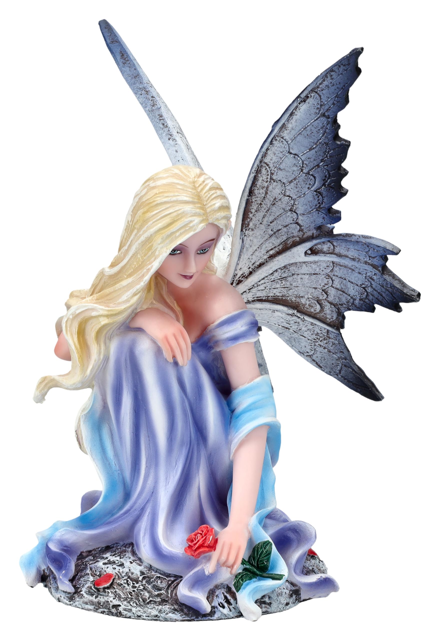 Figuren Shop GmbH Elfenfigur - Miriel mit Rose 14,5 cm - Fee blaues Kleid Fantasy Elfe Figur Deko