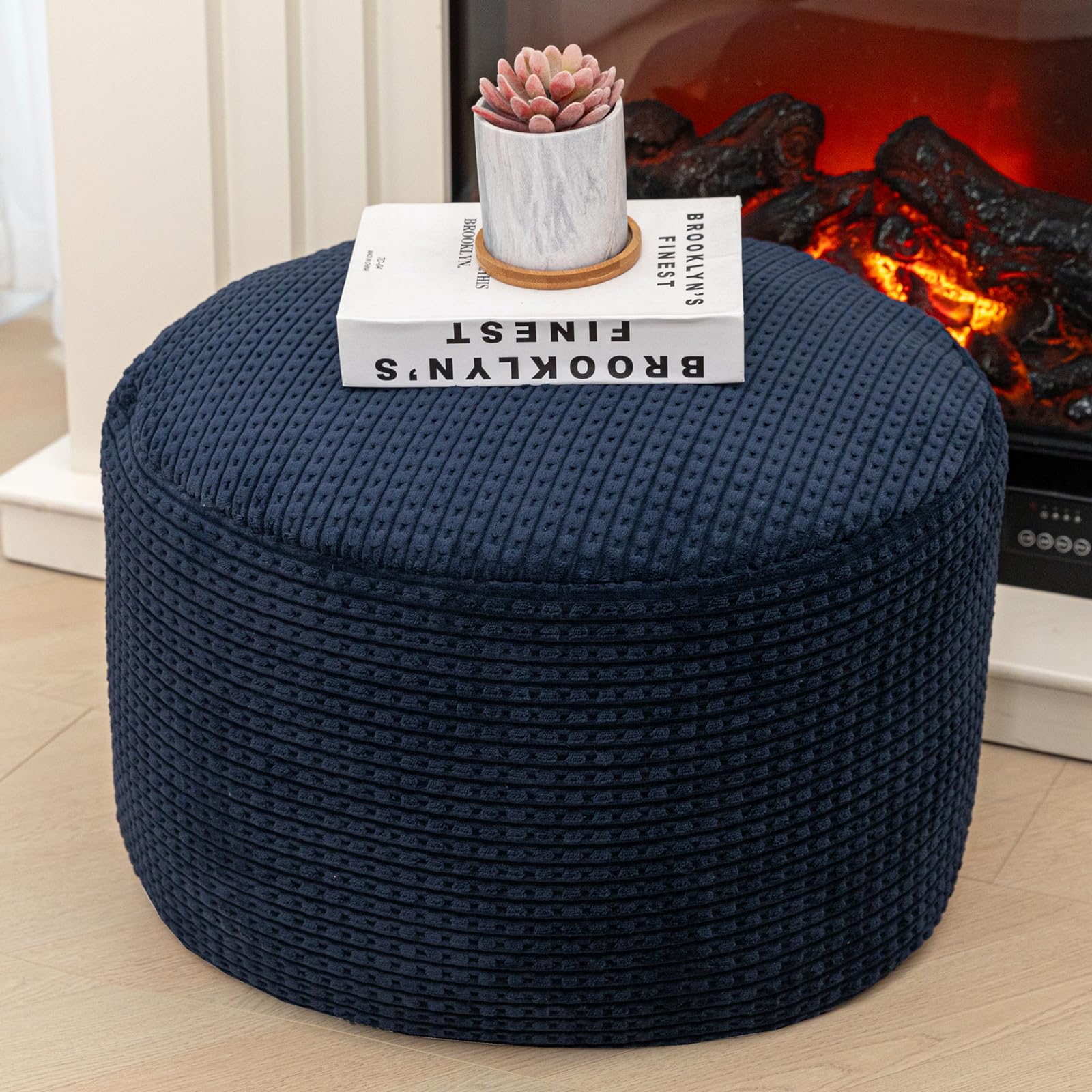 Asuprui Round Stuffed Ottoman Modern Supportive Foam Ottoman Foot Rest Furry Pouf Foot Stool Ottoman 18x14 Inches Floor Poufs Foot Rest for Living Room Bedroom (Blue)