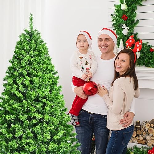 Miniatura 5 de COSTWAY Árbol de Navidad artificial con bisagras flocadas verdes de 6.5 pies con soporte de metal