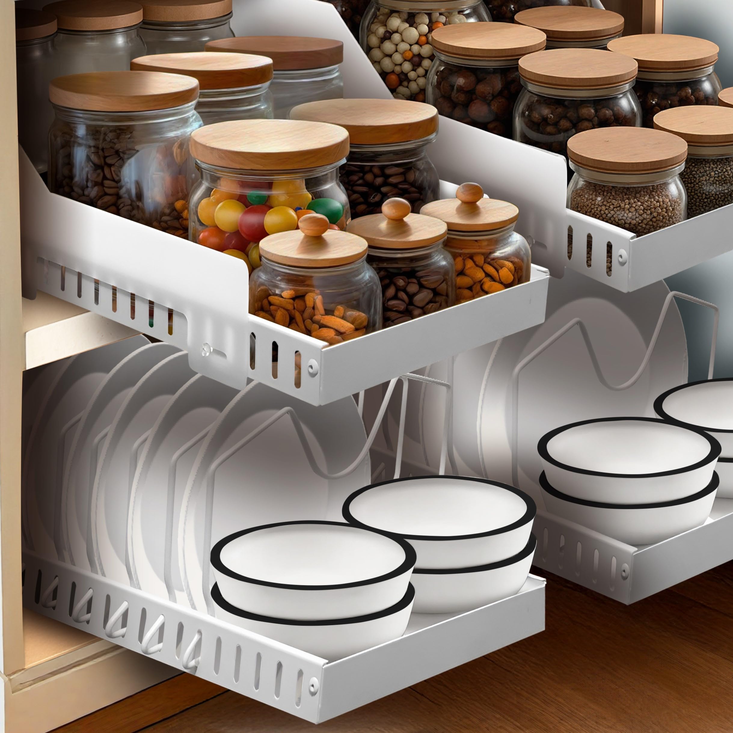 LOT DE 2 Tiroirs coulissants cuisine adhesif - Profondeur XL 52cm - Spécial caisson 60cm -100% Gain de place - Antichute - Range couvercle poele - Sans perçage