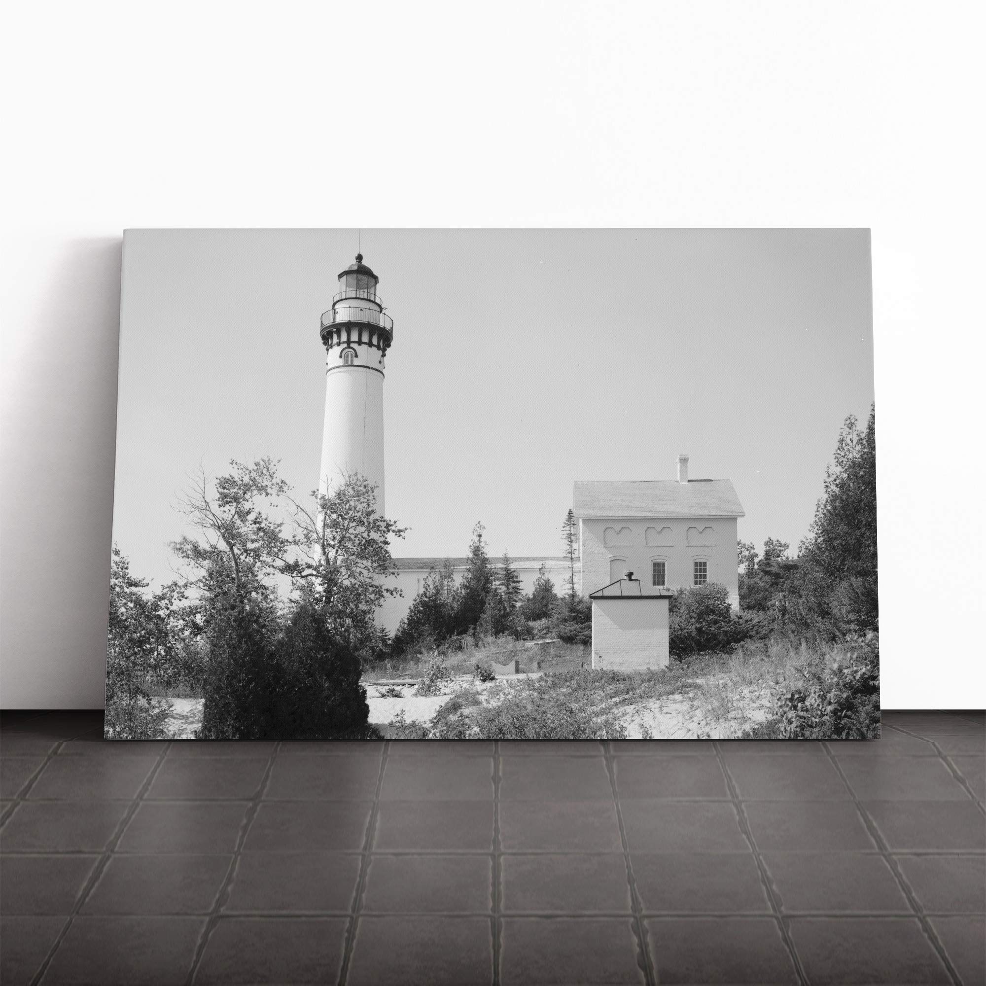 Architecture Lighthouse US Reservation, Michigan Canvas Print | Gallery Wrapped 30mm Frame Wall Art | 24x16 inches | Ready to Hang | Coastal Seascape Picture | Living Room Bedroom Lounge Office