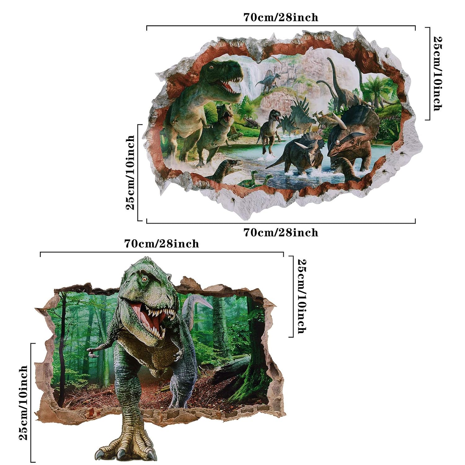 2 Sheets Dinosaur Wall Decals Dinosaur Forest Wall Stickers Self Adhesive 3D Smashed Wall Arts Removable Wall Mural Decals for Kids Nursery Bedroom Living Room (Jumping Dinosaurs)