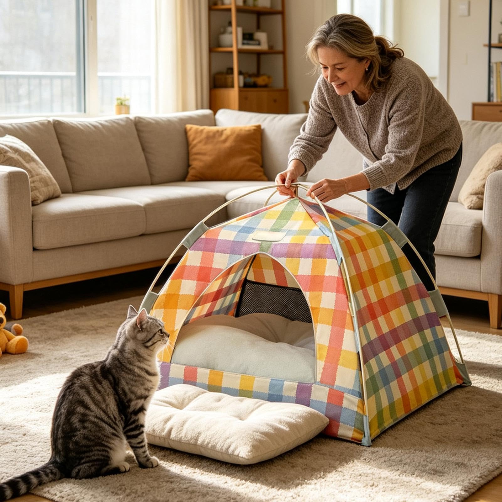 Tenda Per Gatti Cuccia Pieghevole in Rete Traspirante con Cuscino Morbido