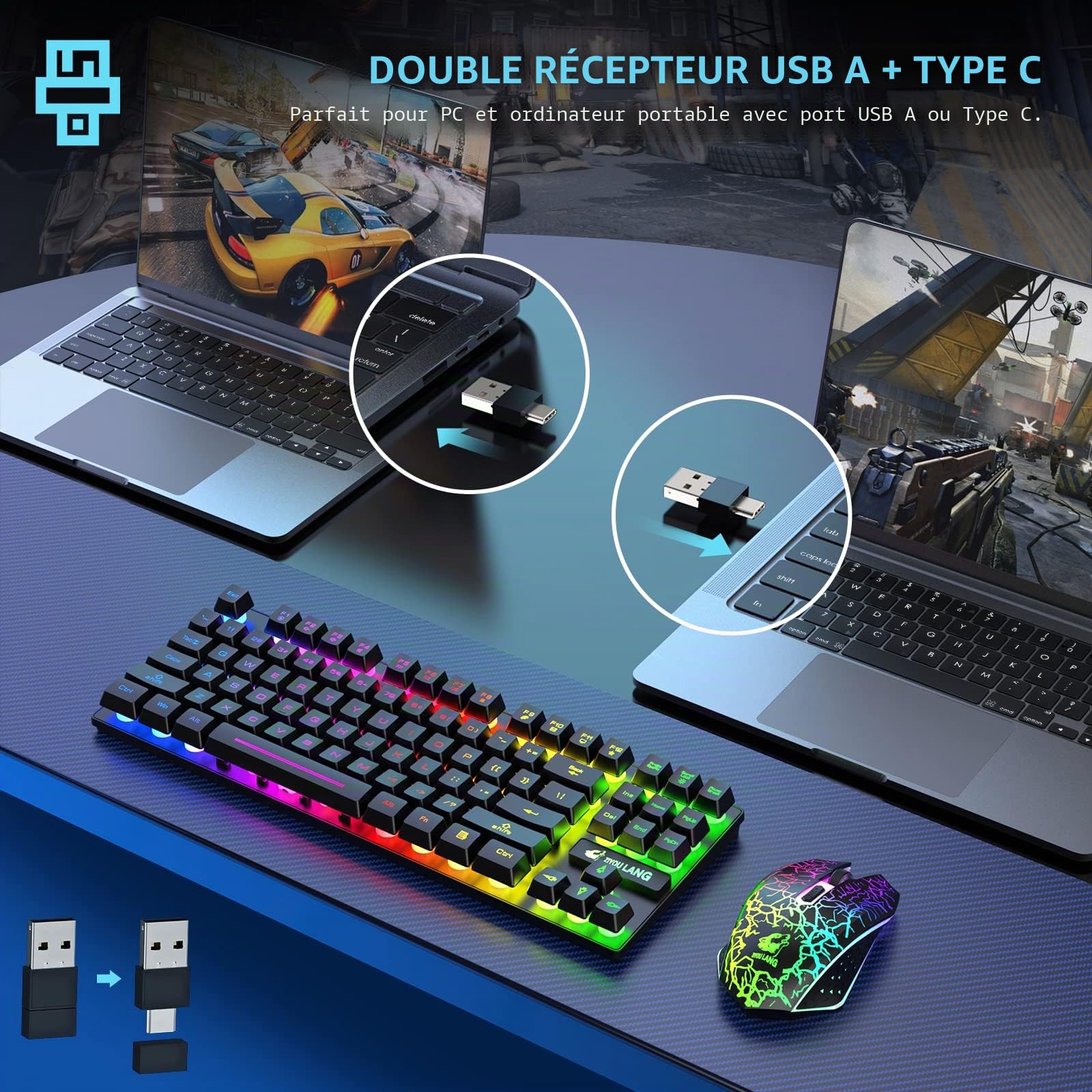 T87 Clavier sans fil 87 touches + souris optique LED arc-en-ciel 2400 DPI 6 boutons – Clavier mécanique rétroéclairé arc-en-ciel avec tapis de souris de jeu gratuit (noir)