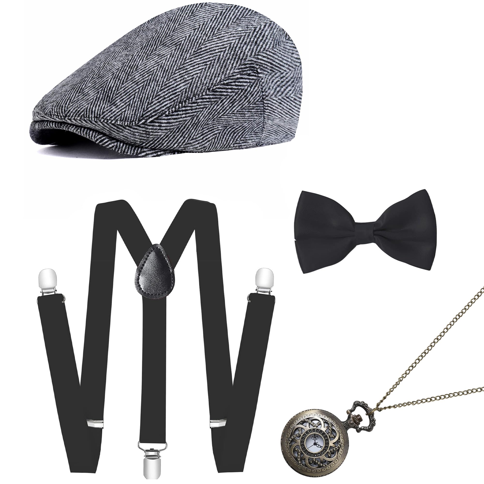 BABEYOND 1920s Mens Gatsby Gangster Costume Accessories Set 30s Manhattan Fedora Hat Bow Tie Suspenders