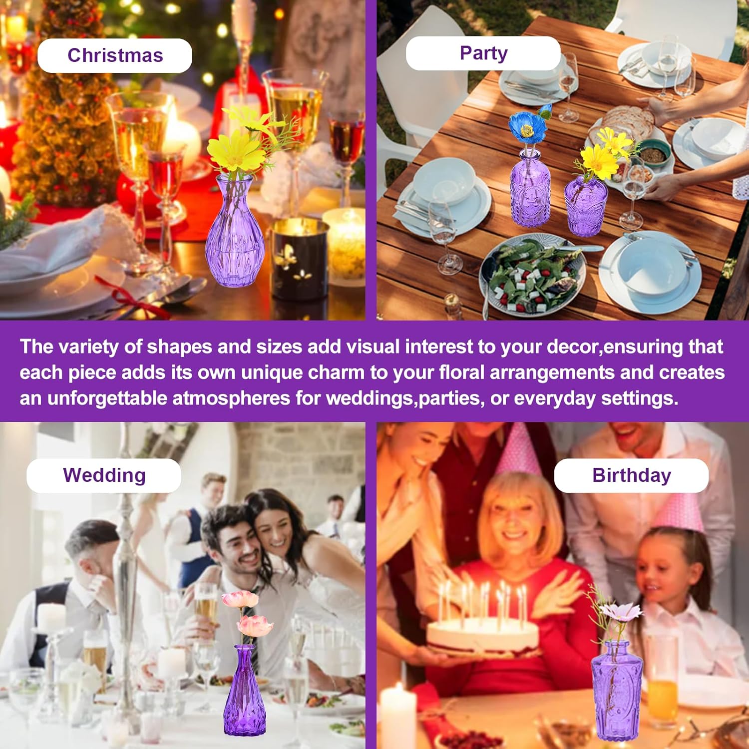 Glass Bud Vase Set of 15,Small Glass Vases for Flowers,Vintage Bulk Purple Mini Glass Vases for Centerpieces,Rustic Wedding,Decoration,Floral Arrangement - Image 8