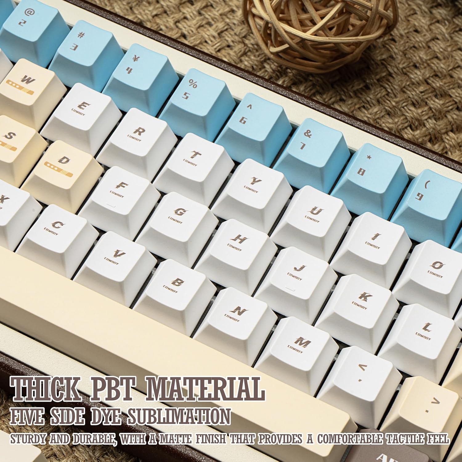 Custom Cherry Profile PBT Keycaps - Cowboy Design 5 Side Dye Sublimation Key Caps - White & Blue & Brown Keycap for Mechanical Gaming Keyboard - 145 Keys