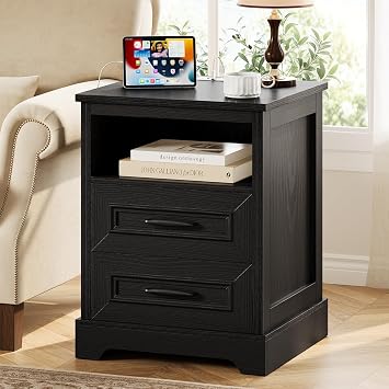 Farmhouse Nightstand with Charging Station, Wood Night Stand with Drawers, Bedside Table, Nightstands with Open Storage Shelf, Rustic Night Stands for Bedroom, Closet, 18" Wide, 24" Tall