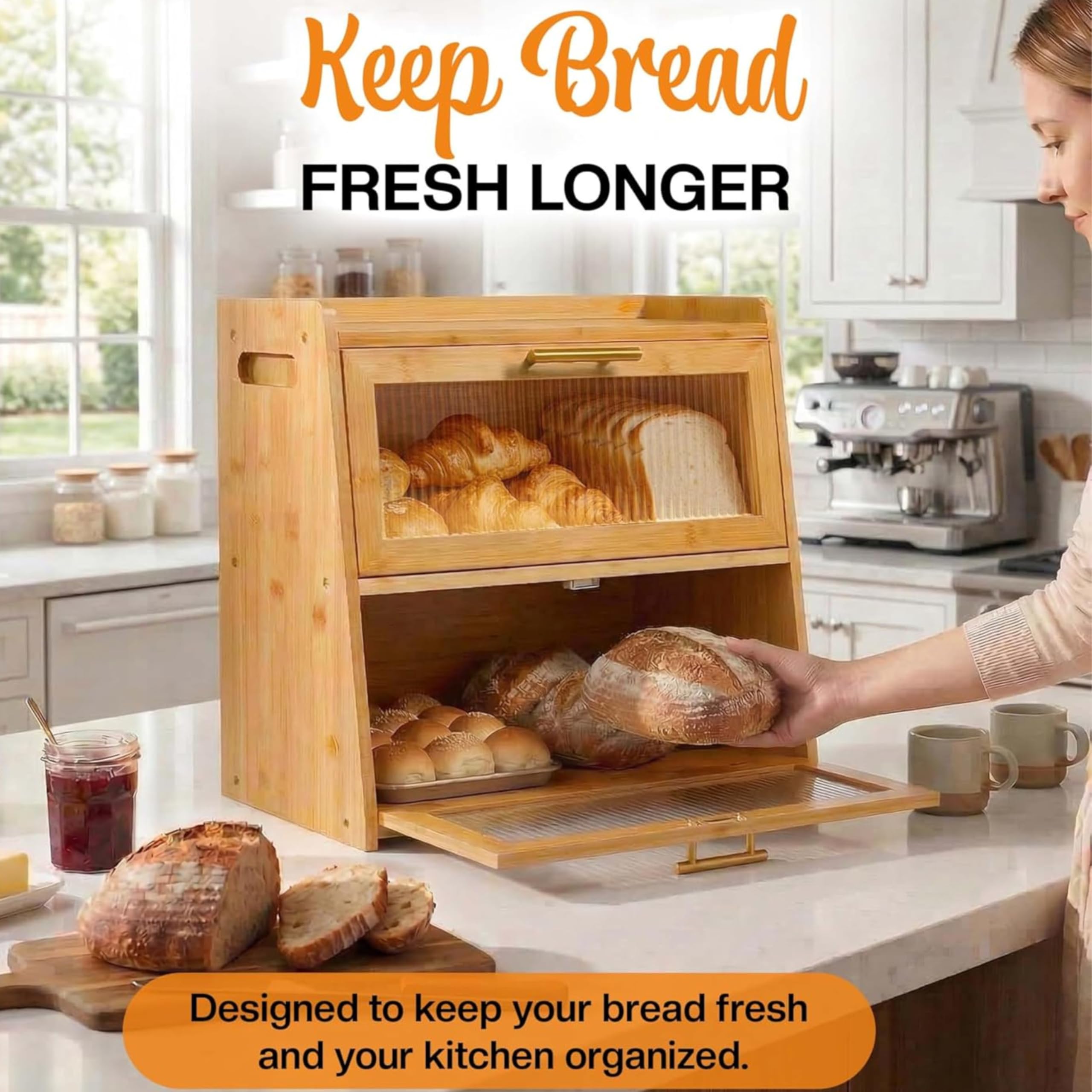 Gennua Kitchen Panera de bambú para encimera de cocina, gran caja de pan de doble capa que proporciona el doble de espacio de almacenamiento de pan, sostiene múltiples panes, duradera y hermosa con