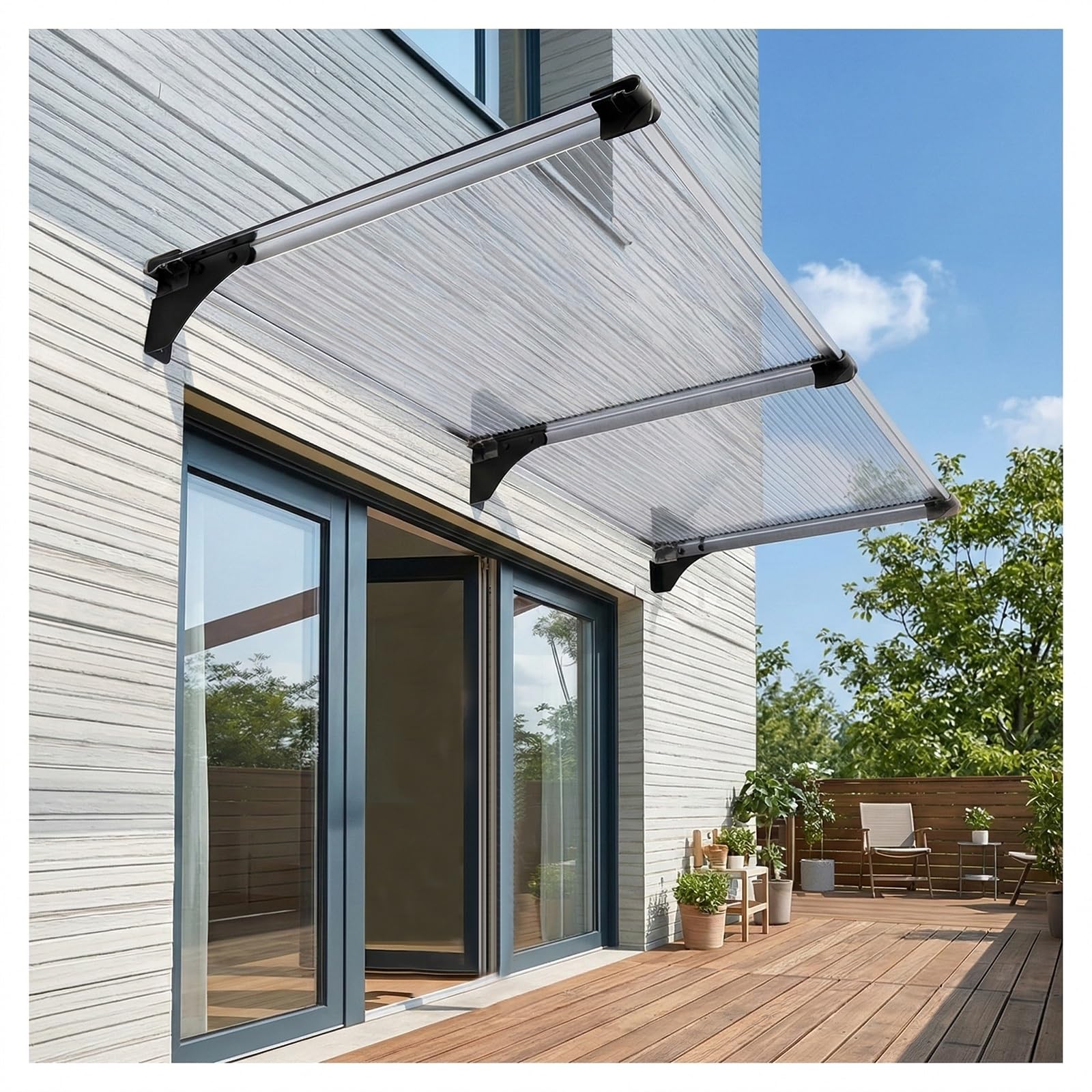 Auvent de porte en polycarbonate anti-UV avec profilés aluminium robustes