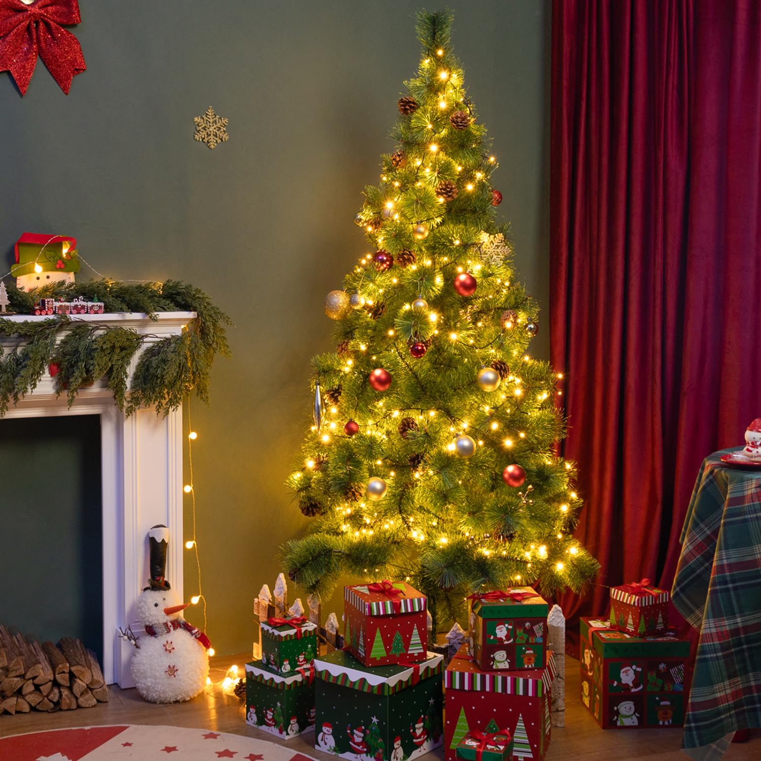 Aigostar 180 CM Árbol de Navidad Artificial,con Cadena de Luces LED de 18 M,300 LED Blanco cálido,8 Modos de Iluminación,Ramas Aguja de Pino con Piñas,Verde,Incluye Soporte de Meta