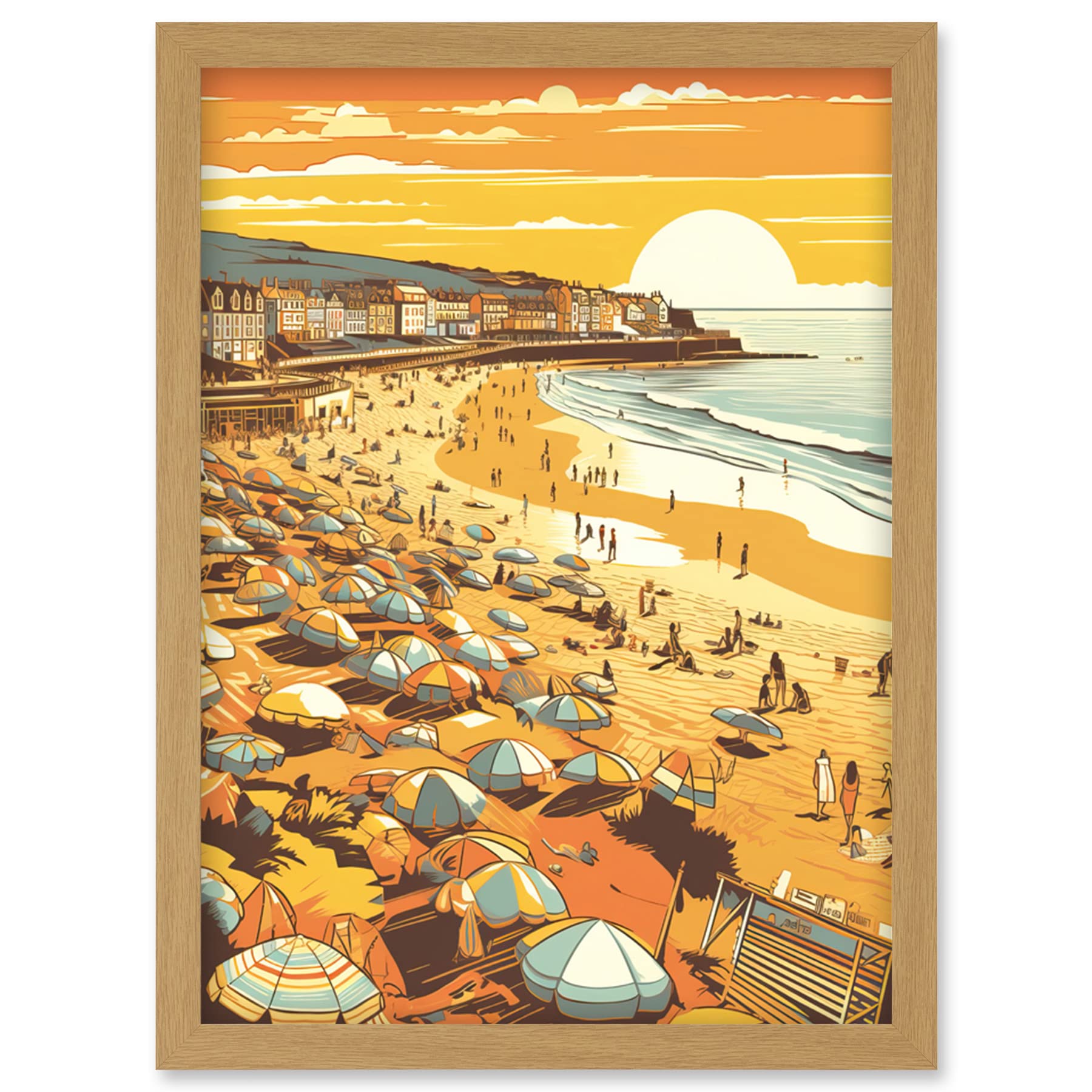 Artery8 Summer Sunset at Busy Sandy Promenade Beach Artwork Framed Wall Art Print A4