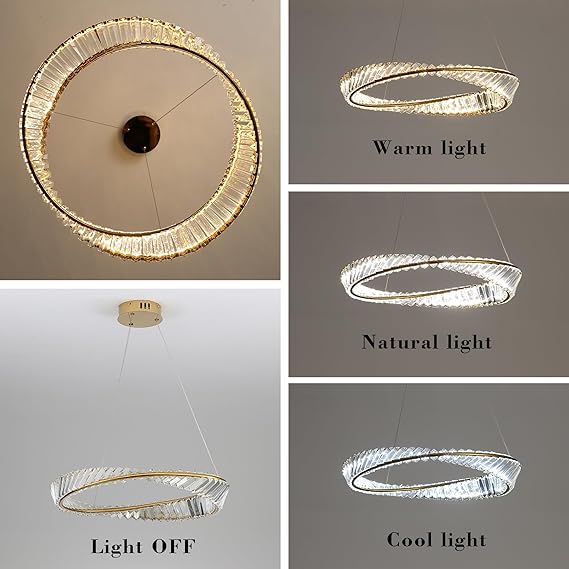 minifair Woonkamerlamp, vergulde roestvrijstalen kroonluchter met onregelmatige ringen, moderne dimbare LED-kristallen slaapkamerlamp, kroonluchter voor woonkamer, eetkamer, keuken, slaapkamer, D60 cm photo 3