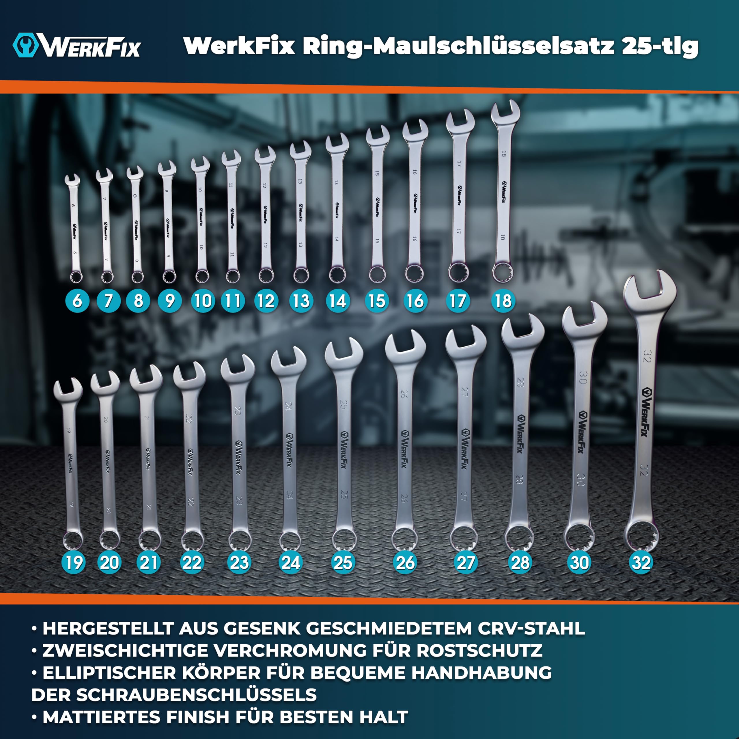 WerkFix Ring-Maulschlüsselsatz 25-tlg. 6–32 mm | CrV-Stahl Schraubenschlüssel Set KFZ Werkstatt | Gabelschlüssel mattiert & laser-markiert | Profi Schraubenschlüssel Set mit Rolltasche