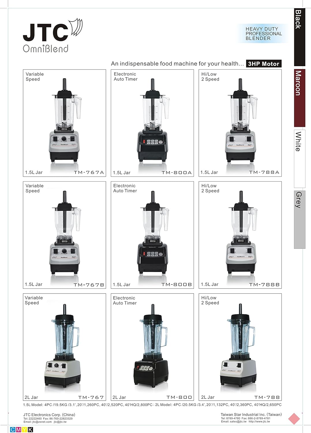 Close-up of the JTC OmniBlend blender control panel with buttons for Low, Med, High, Pulse, and auto-timers (35, 60, 90 seconds).