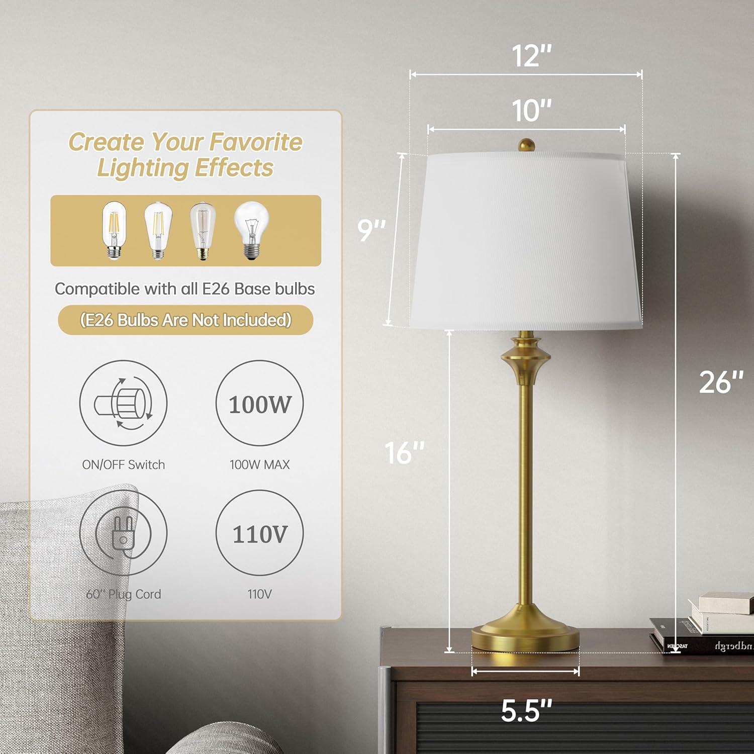 Maxax Brass Gold Table Lamps Set of 2 for Living Room, 26" Modern Buffet Lamps Gold Bedside Nightstand Lamps,Tall End Side Table Lamp with White Shade for Bedroom,Office