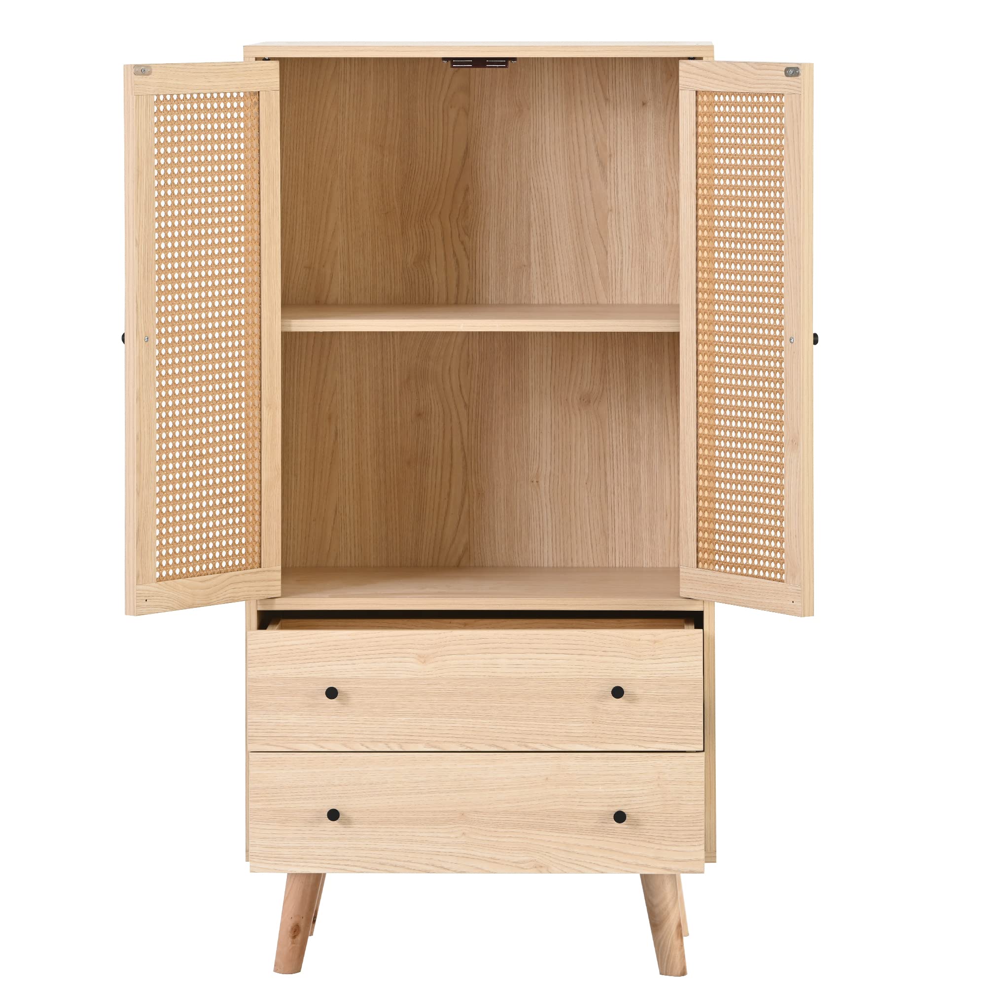 Merax Kommode mit 2 große Schubladen und 2 Türen, Badezimmerschrank aus Holz mit Rattan Türen, Highboard Küchenschrank Bücherschrank, für Schlafzimmer & Wohnräume & Büro, Offwhite, 60 x 40 x 120 cm