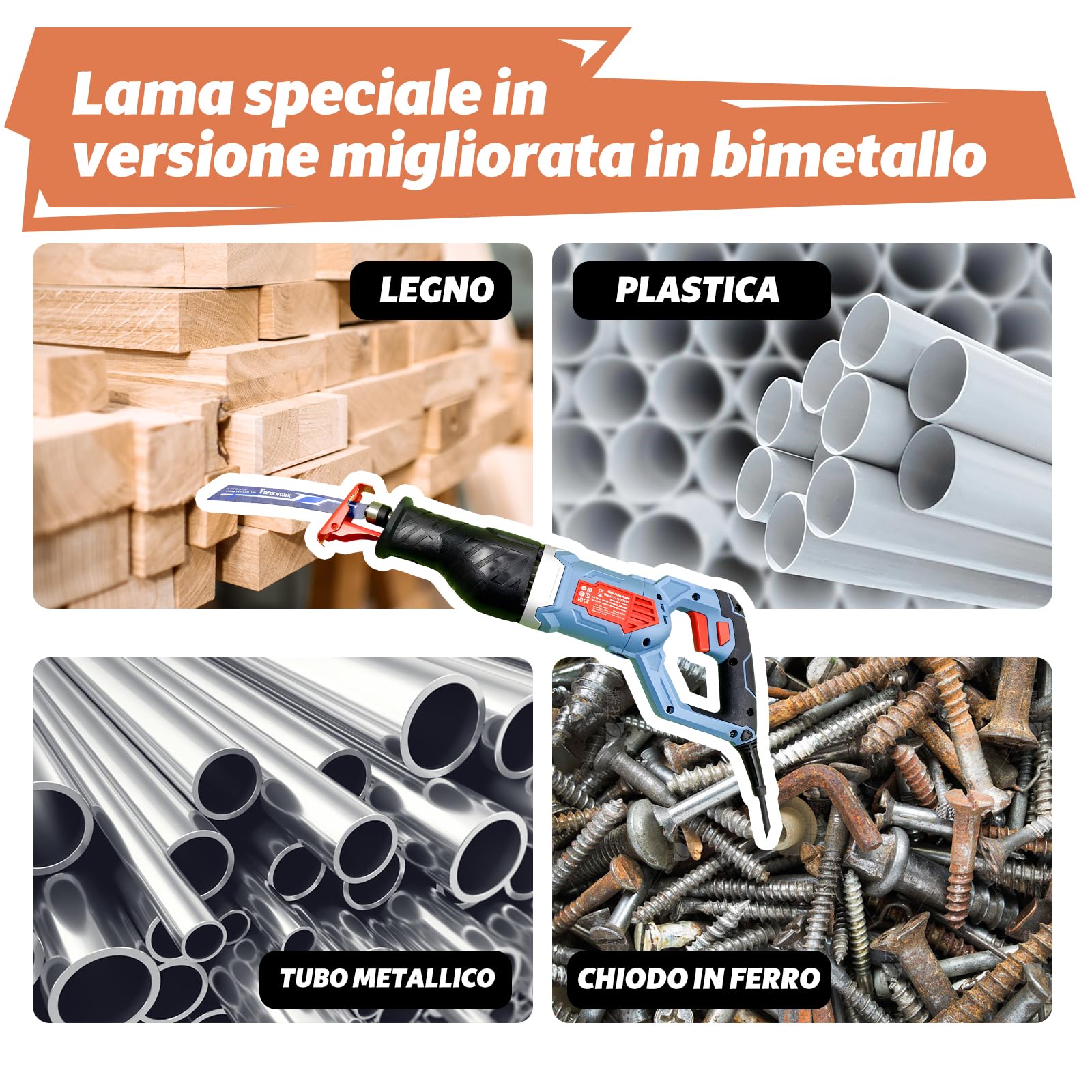 FANZWORK Sega a Gattuccio Elettrica 1100W – Seghetto Elettrico con 0–2500 SPM, LED, Inclusa Lama, con Cavo da 4 m – Per Legno, Metallo e plastica e molto altro – Cambio lama Senza Attrezzi