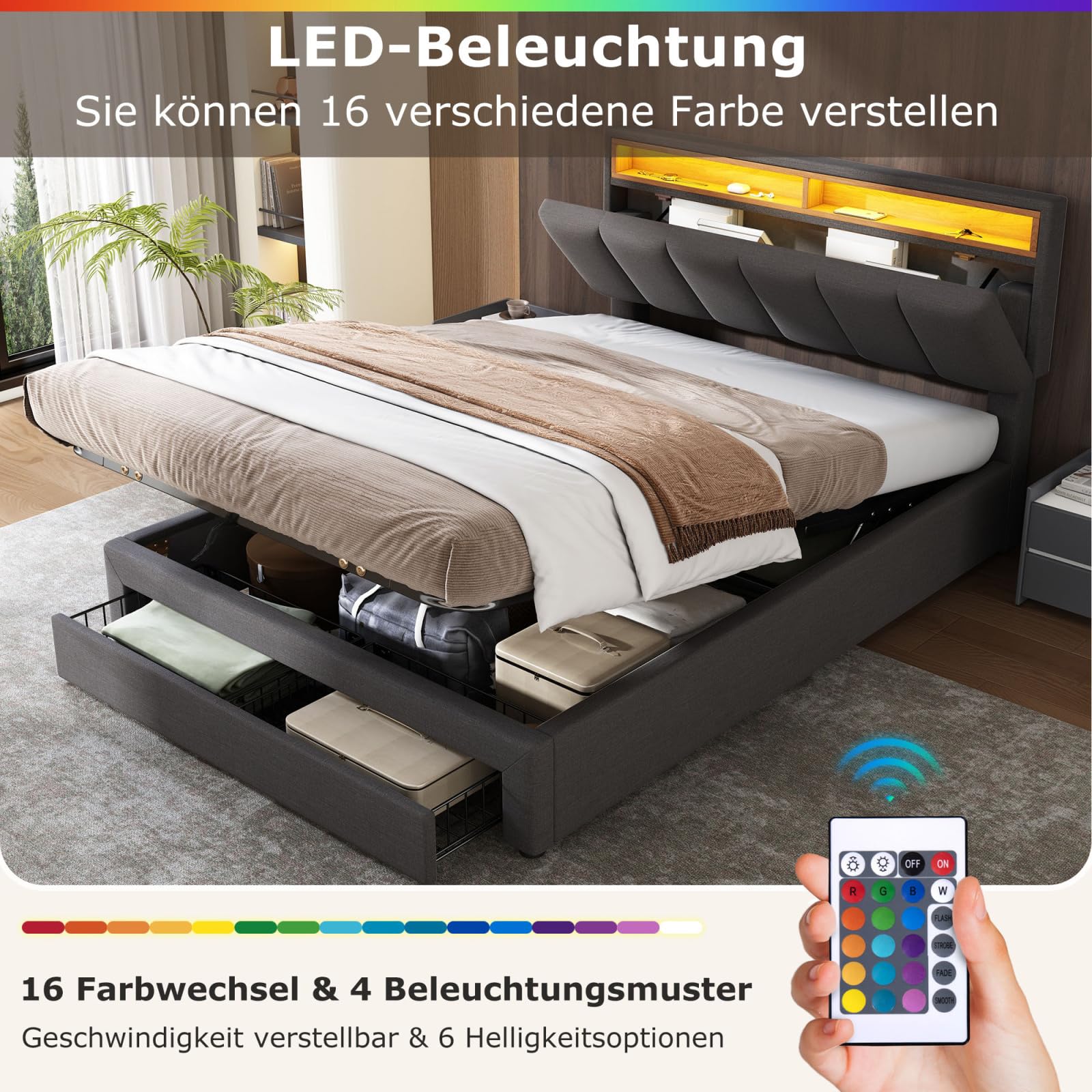 Letto con stoccaggio idraulico 160x200,Letto matrimoniale rivestito con LED,Letti imbottiti con 2 cassetti, letto funzionale giovanile,letti matrimoniali (grigio+lino-A)