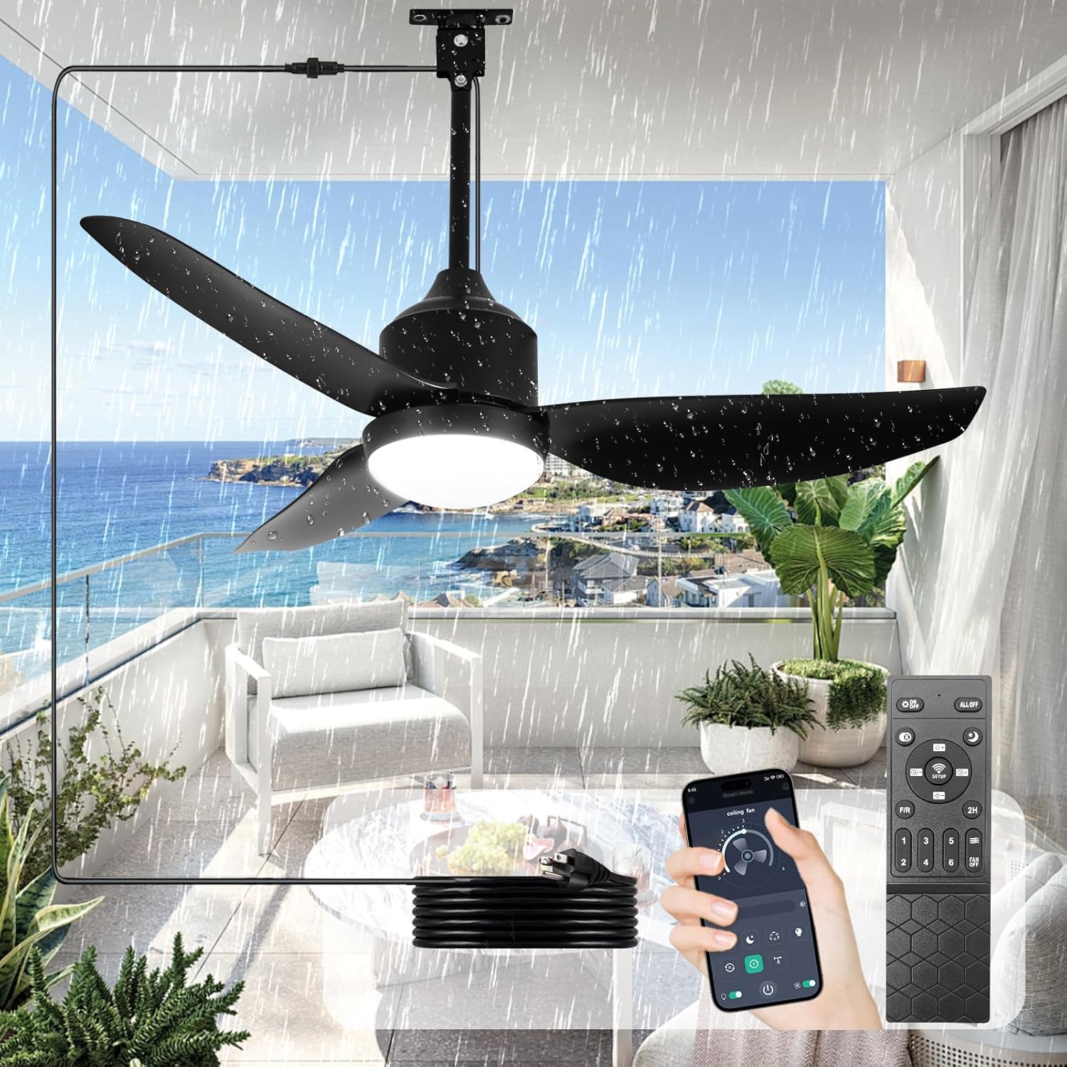 DINGLILIGHTING Outdoor Ceiling Fan with Light: Wet Rated Fan with Remote Quiet DC Motor - Plug in Ceiling Fan with Cord for Patios Porch Gazebo Pergola- 42 Inch Fan Black