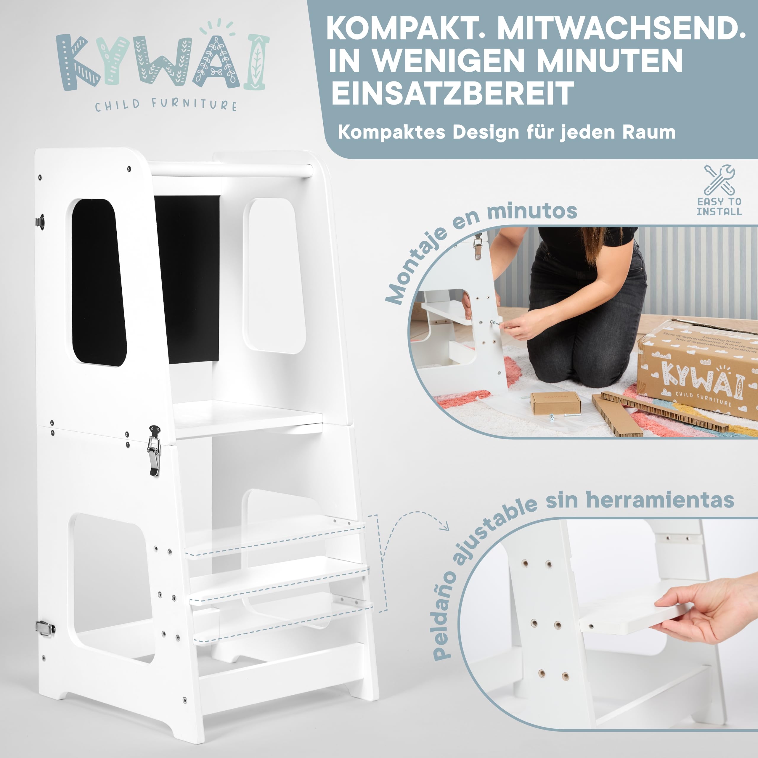 Montessori Lernturm ab 1 Jahr Klappbar Groß– 2-in-1 Premium Learning Tower & Tisch – Lernturm klappbar, Nachhaltiges Unternehmen, höhenverstellbare Stufe, Innovatives (weiß)