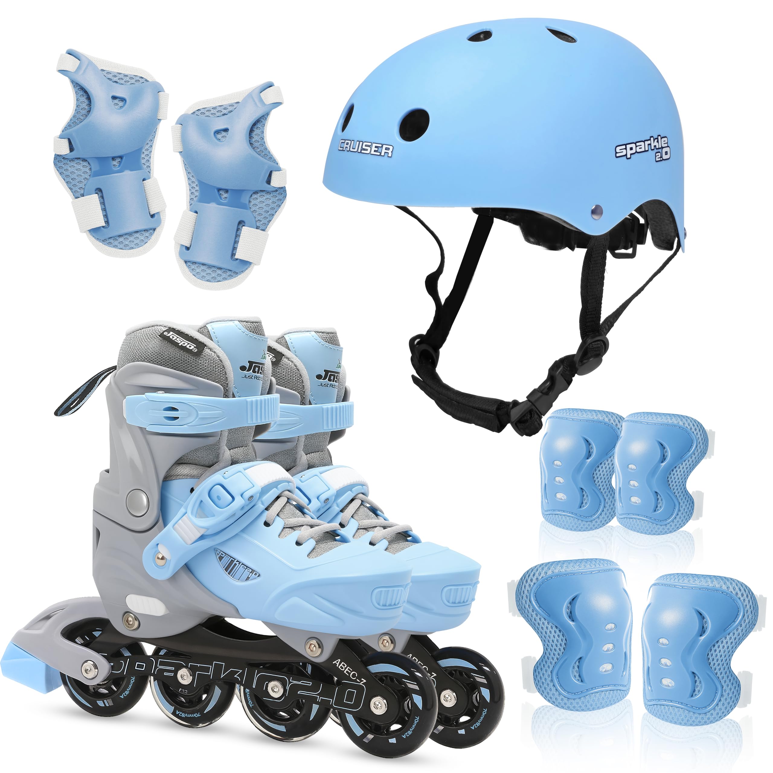 JASPO Sparkle 2.0 Adjustable Inline Skates Combo for Kids & Youth, ABEC-7 Bearings,Hard Boot, Aluminium Frame,70mm PU 82A Wheels Includes Safety Gear Blue/Grey, L (23 to 26 cms)-image-22