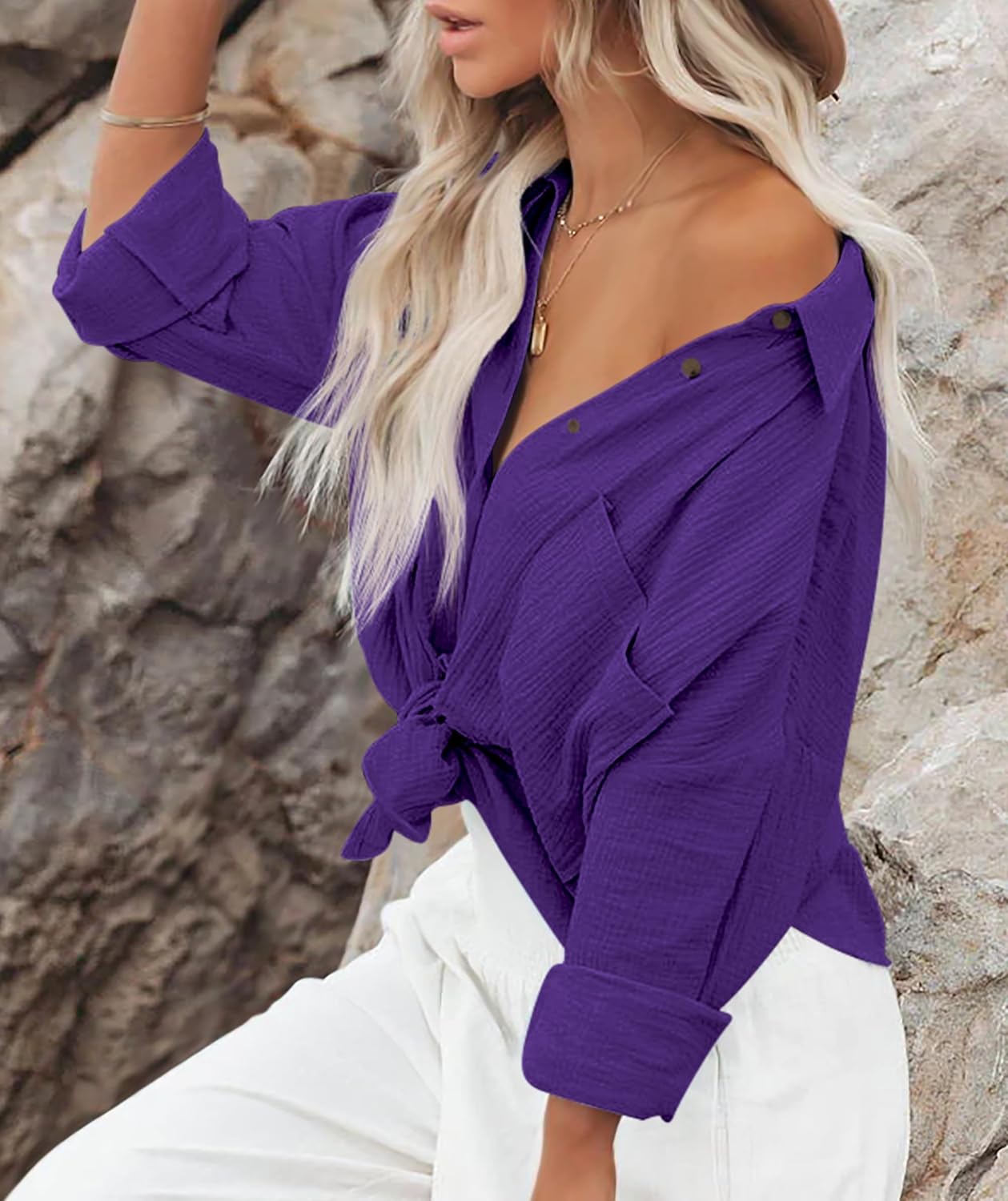 Diosun Womens Casual Button Down Shirts V Neck Long Sleeve Cotton Loose Fit Plain Work Blouse Tops with Pocket - Image 2