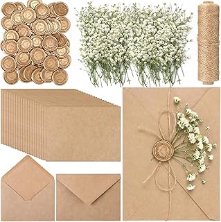 Dunzoom 50 Sets Wedding Invitations Wraps Set Include Envelope for 5 x 7 Inch Invitations Self Adhesive Gold Wax Seal Sticker Dried Flowers for DIY Photos Cards Dining Table(Classic,Light Brown)
