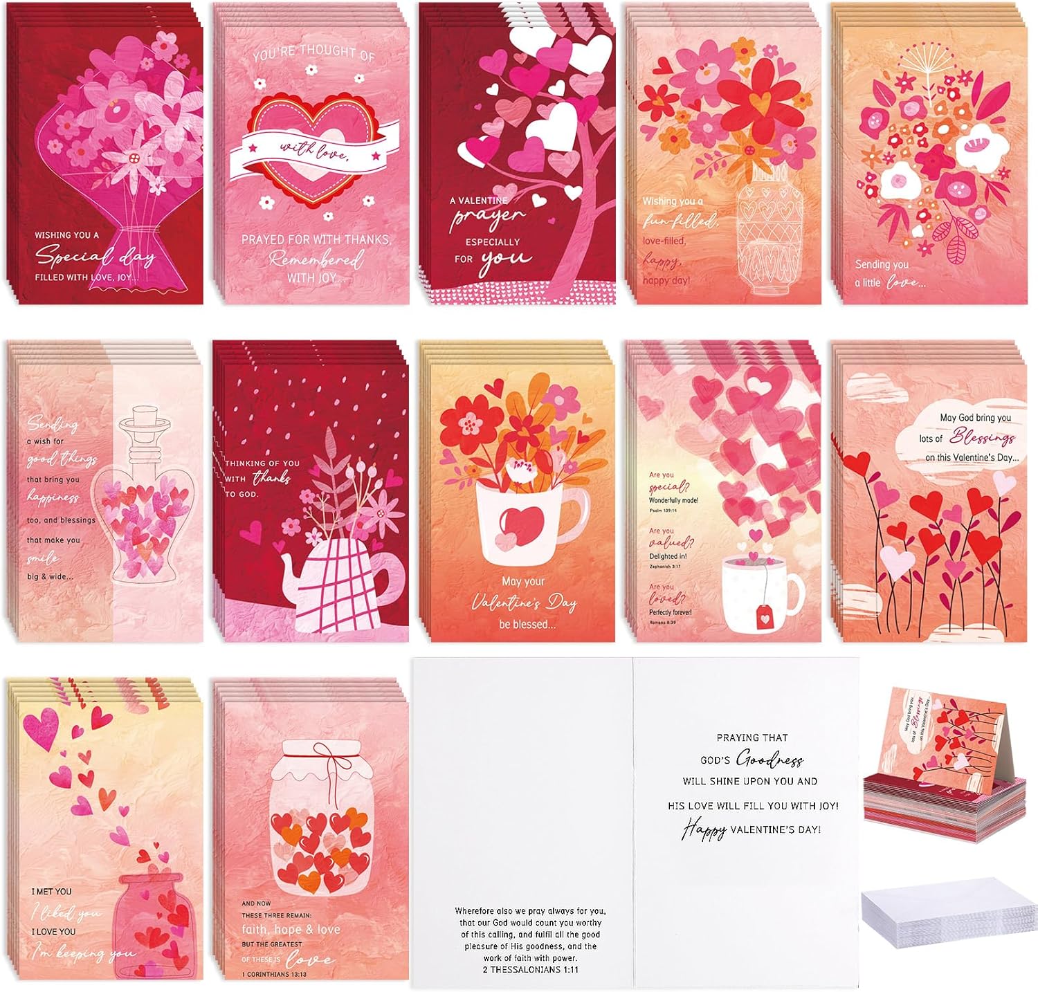 72 Sets Valentine's Day Cards Assortment Scripture Religious Valentine Blessed Assorted Flower Greeting Valentine Cards with Envelopes for Christian Valentine's Day Adults
