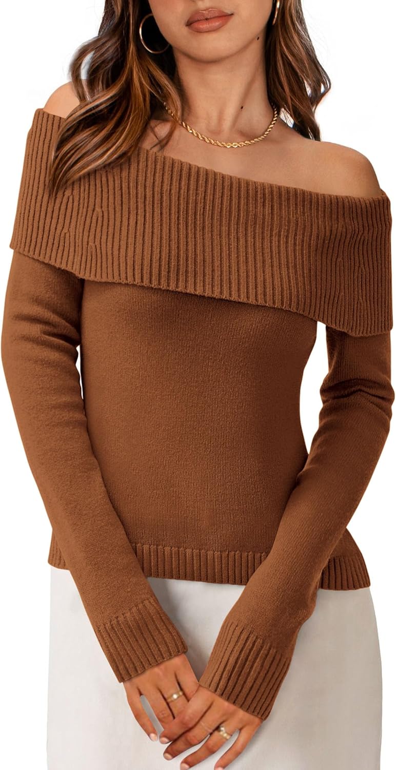 PRETTYGARDEN Off The Shoulder Sweater for Women 2026 Fall Fashion Cute Long Sleeve Tops Winter Ribbed Pullover Knit Outfits