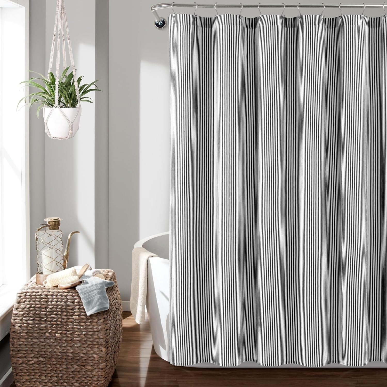 Lush Decor Farmhouse Vintage Stripe Yarn Dyed Cotton Blend Shower Curtain Single 72" W x 72" L Black - Striped Shower Curtains for Bathroom