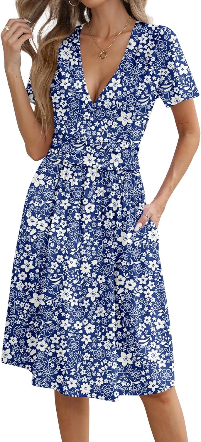 KUOTAI Women's Summer Short Sleeve Casual Dresses Wrap V Neck Beach Outfits Party Flowy Dress with Pockets - Image 3