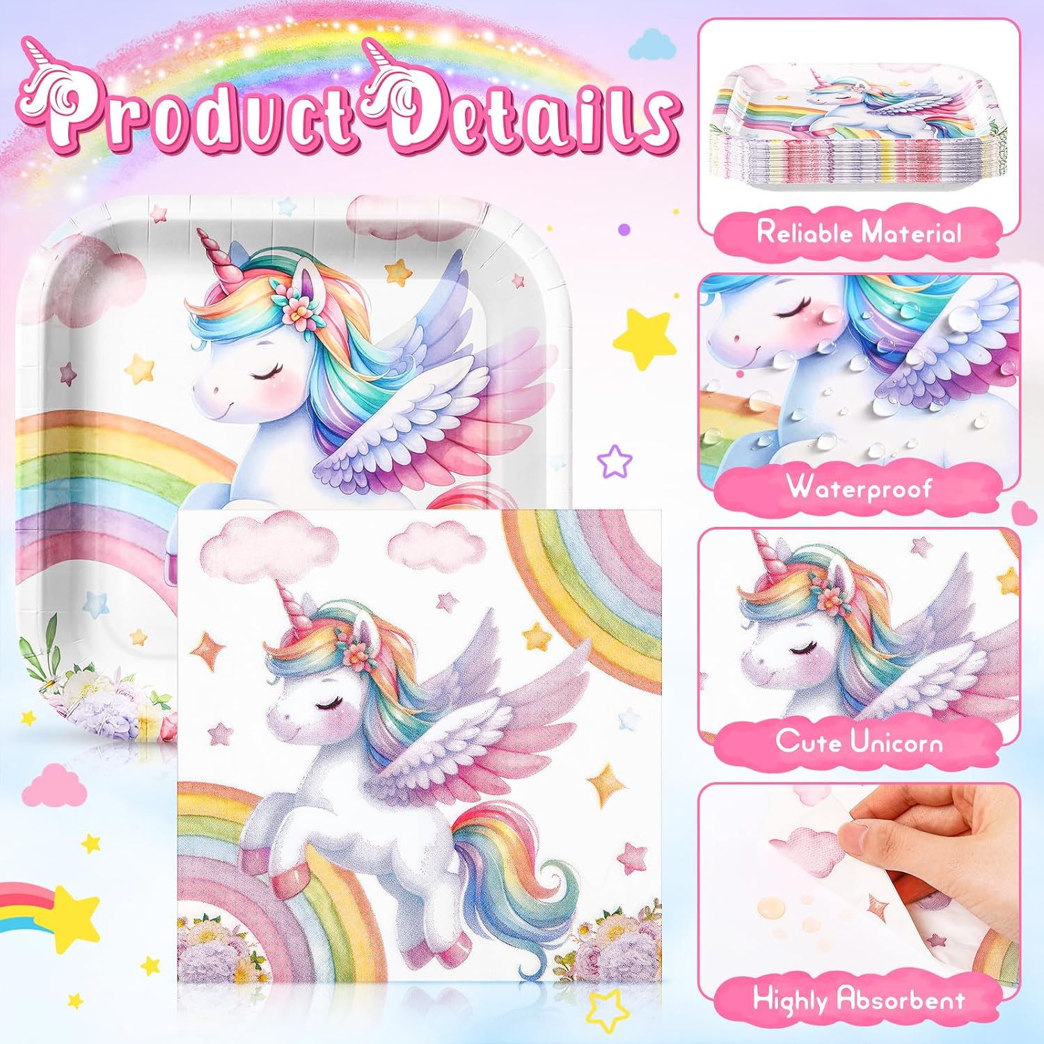 Zhehao 72 Pcs Unicorn Plates and Napkins Serve 36, 7" Square Paper Dessert Plates for Birthday Party Colorful Unicorn Disposable Dinnerware Decoration for Party Supplies