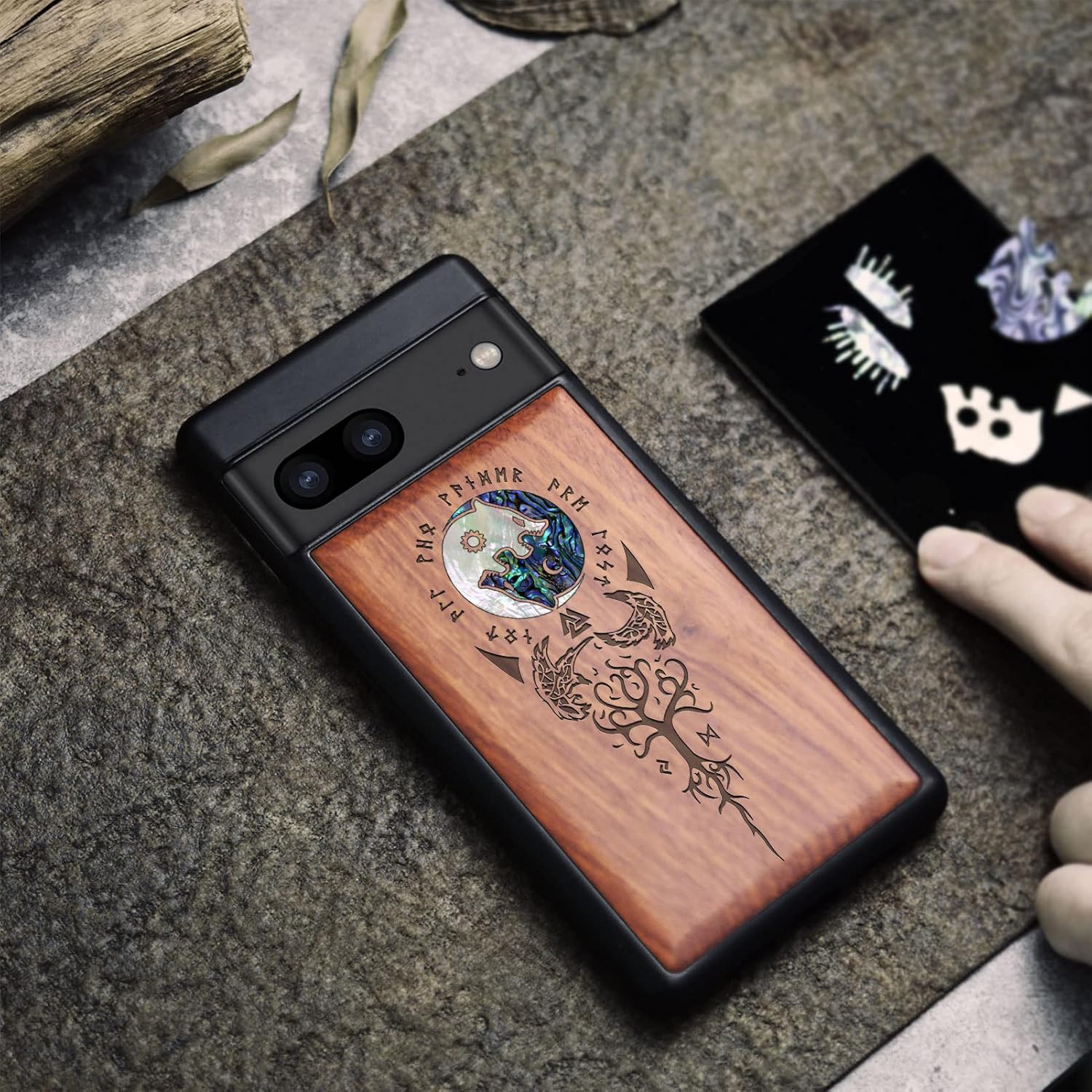 Carveit Designer Wooden Case for Google Pixel 7 Case Protective Cover [Wood Engraving & Shell Inlay] Unique Wood Cover Compatible with Wireless Chargers Pixel 7 (Yin Yang Wolf-Rosy)