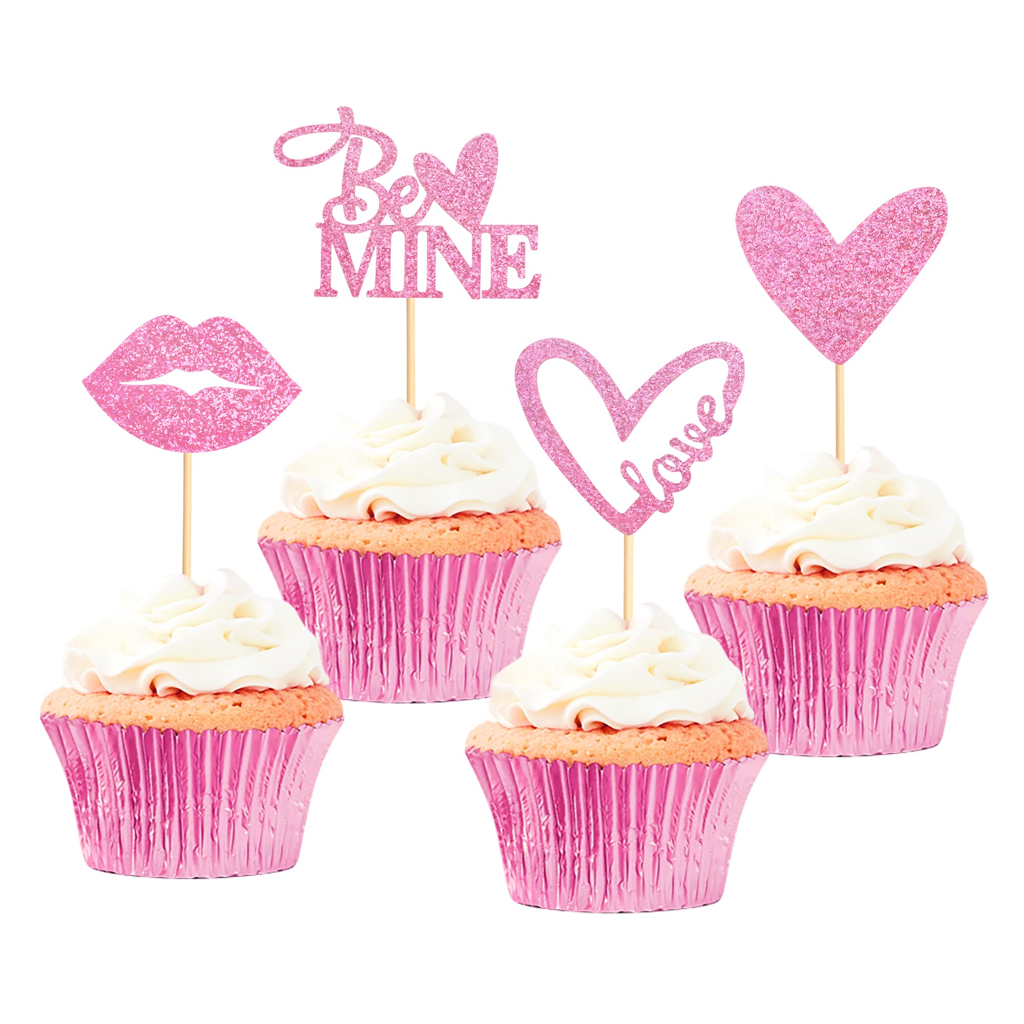 Blumomon 24Pcs Valentine Cupcake Toppers Pink Glitter Love Heart Lipstick Be Mine Cake Picks Decorations for Sweet Love Theme Wedding Engagement Valentine's Day Bridal Shower Party Cake Decorations