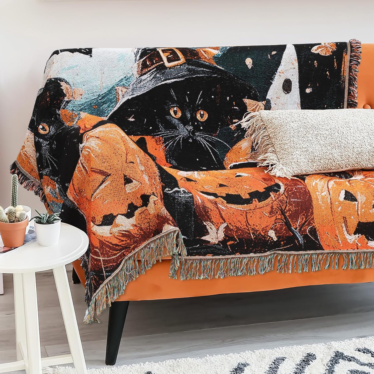 Hahafelt Black Cat Pumpkin Woven Throw Blanket, 63 x 51 Inch, Halloween