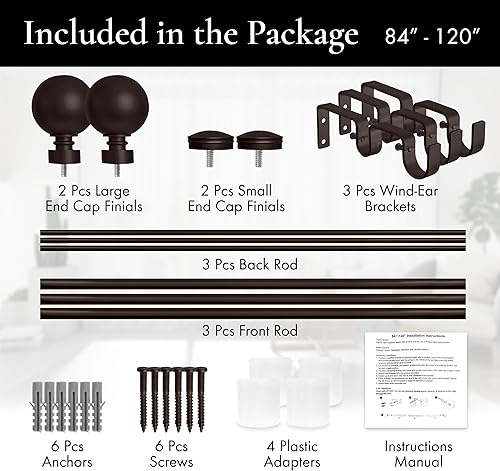 Miniatura 2 de Meriville Barra de cortina telescópica de doble ventana de 1 pulgada de diámetro, 84 a 120 pulgadas, bronce aceitado