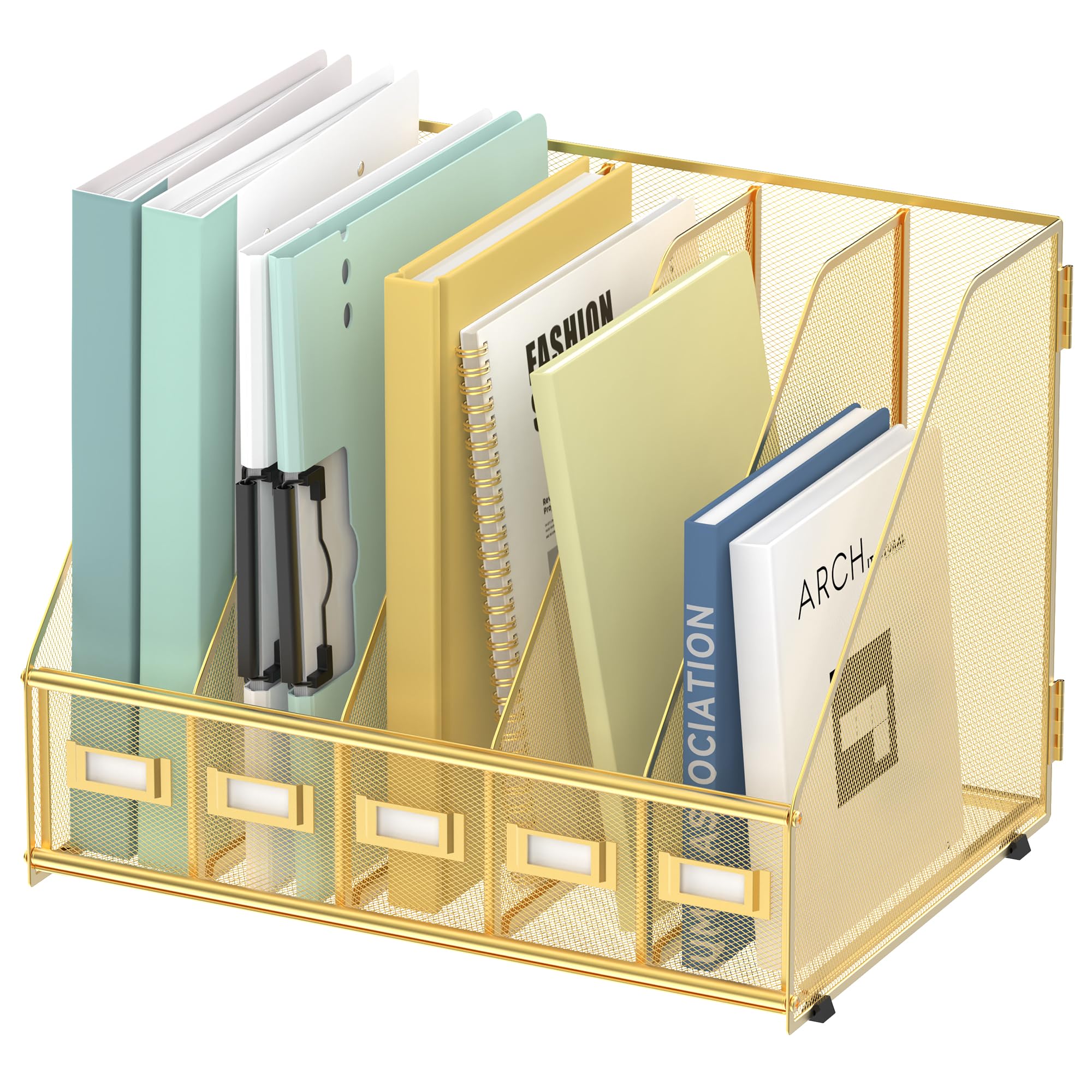 SUPEASY Desk Organizers Metal Desk Magazine File Holder with 5 Vertical Compartments Rack File Organizer for Office Desktop, Home Workspace, Gold