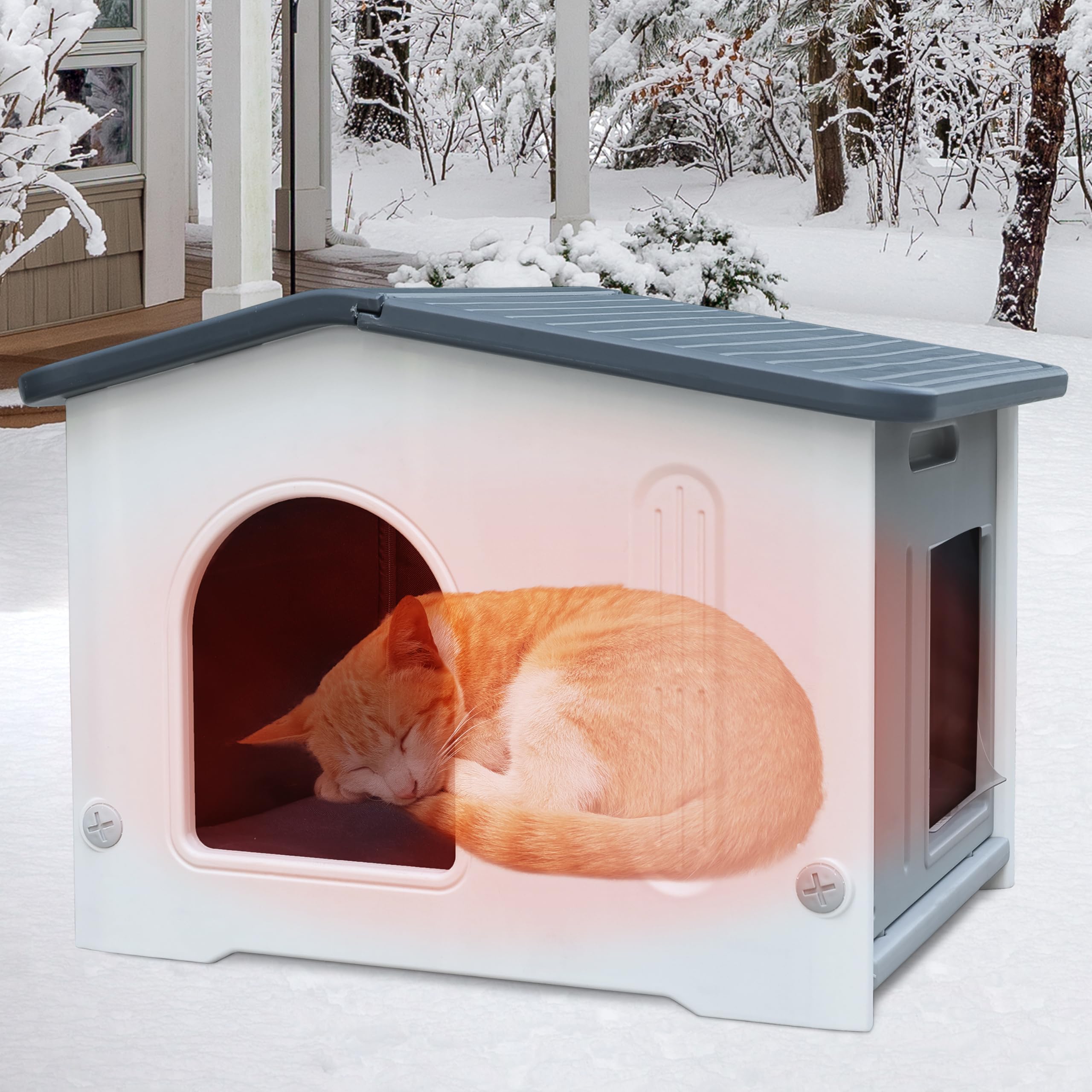 Abris pour chats avec doublure isolée pour chats d'intérieur en plastique pour chats sauvages Abri pour chiens d'extérieur pour chiots pour petits animaux domestiques moyens - gris