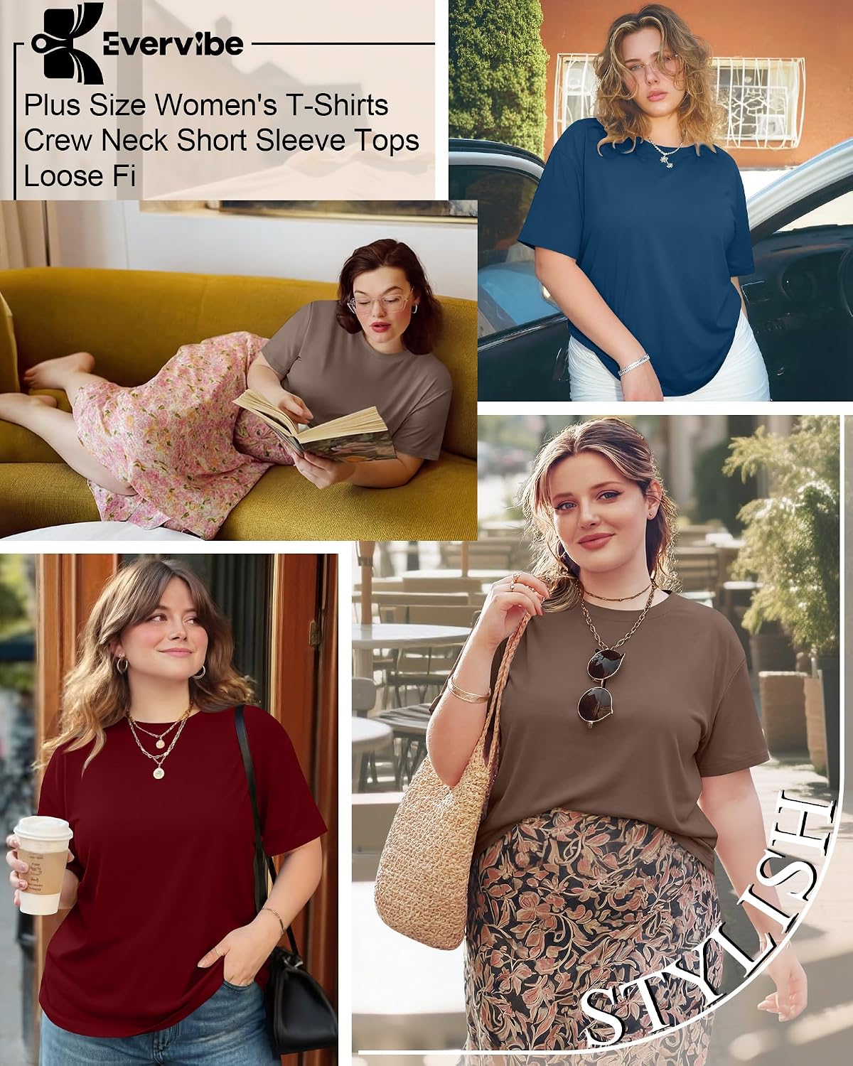 Evervibe 3 Pack Plus Size Women's T-Shirts Crew Neck Short Sleeve Tops Loose Fit Casual Summer Basic Plain Tees