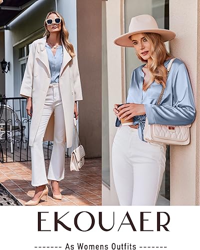 Miniatura 5 de Ekouaer Pijamas de seda para mujer, conjunto de 2 piezas, pijamas de satén, de manga larga, con botones, cómodos conjuntos de descanso