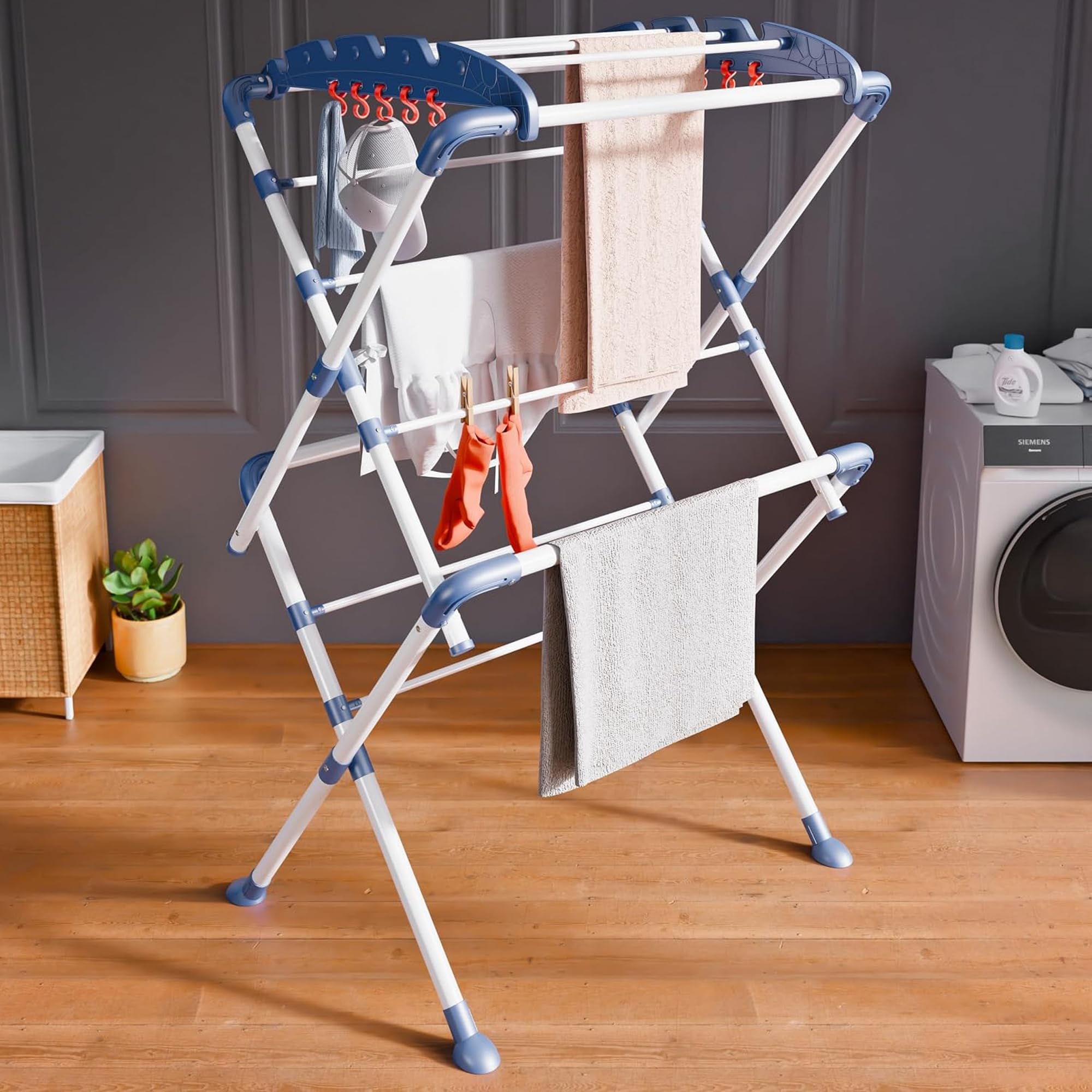 Premium Foldable Clothes Drying Stand 2 Layer | 13 Drying Rods & 10 Hooks | Anti Rust Steel Laundry Rack for Balcony, Indoor & Outdoor | White & Blue-image-19