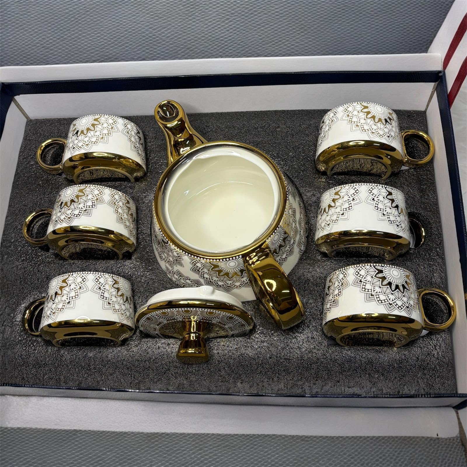 DEEPTECH EXPERTISE Porcelain Tea Set with Gold Trim, White with Floral Pattern, 6 Cups with Teapot, Decorative Design