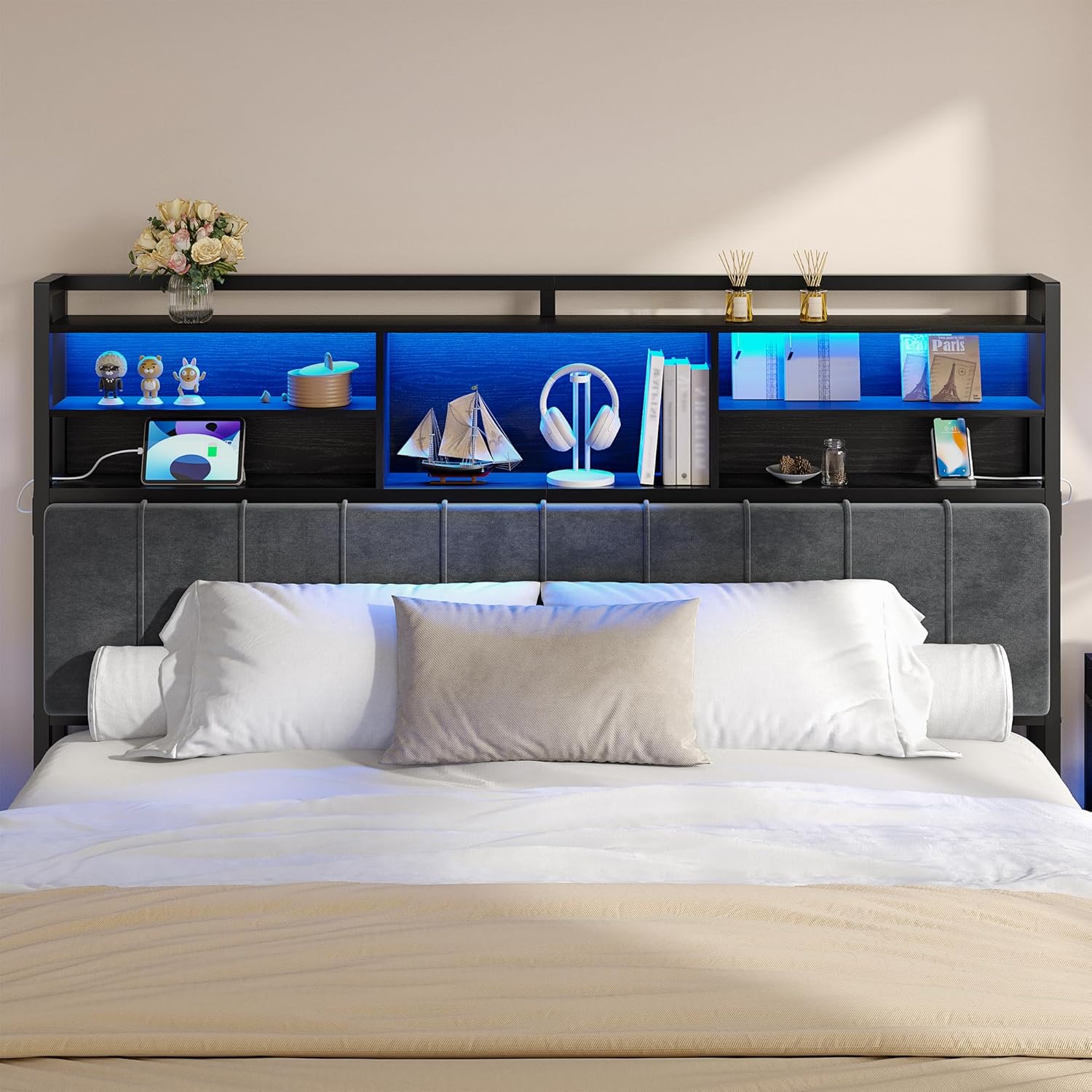 Headboard with 3-Tier Storage Shelves, Velvet Upholstered Head Board with 2 Outlets, USB Ports & LED Light, Soft Backrest for King Size Bed, Black BH19404B