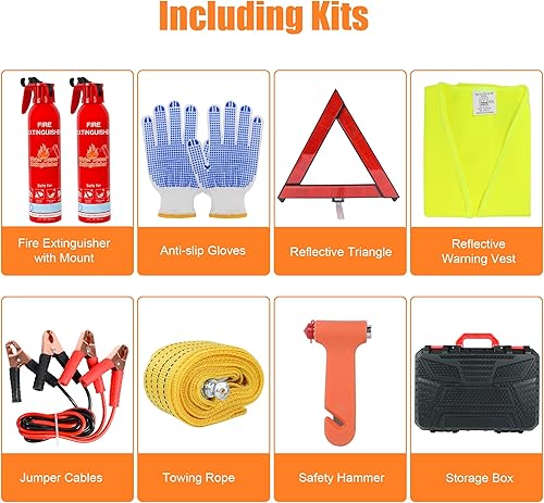 Miniatura 7 de Kit de seguridad de emergencia para automóvil en carretera, herramientas de asistencia automotriz con 2 extintores de incendios, cables de puente,