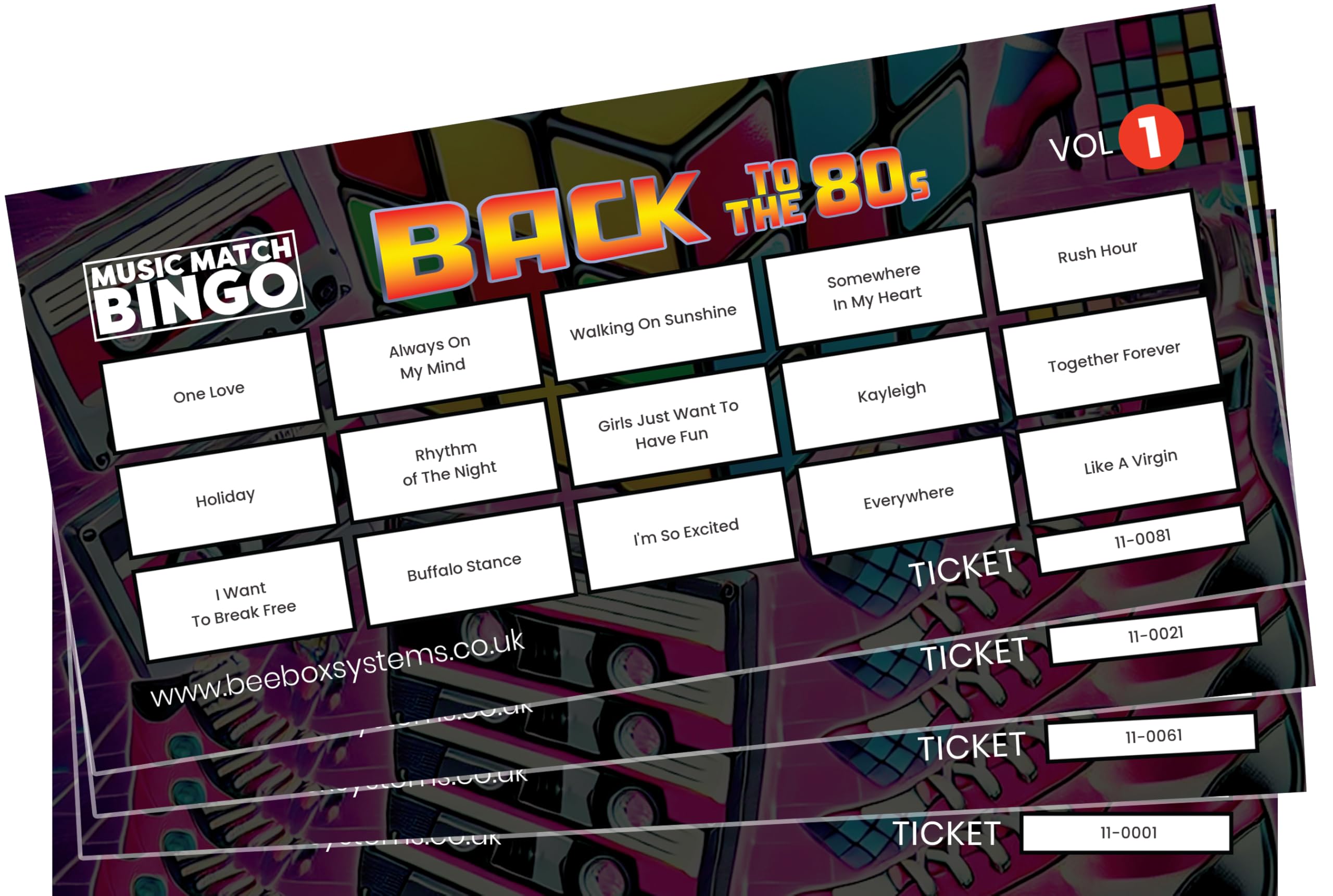 BeeBox Music Match Bingo Game Tickets, 120 Tickets Per Pack (Back to the 80's Vol1)