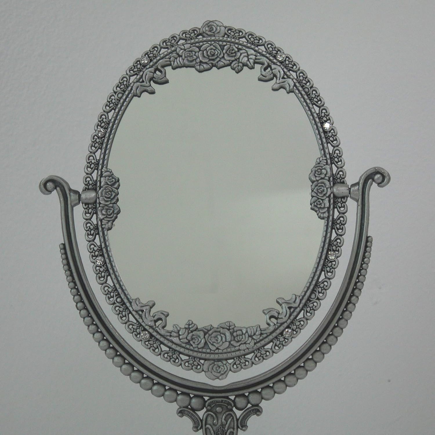 SEHAMANO Vintage Oval Double Sided Embossed Roses Frame Makeup Table Mirror for Bathroom Bedroom Dressing, Antique Decorative Vanity Cosmetic Metal Stand Mirror (Large, Tin (Matt Silver))