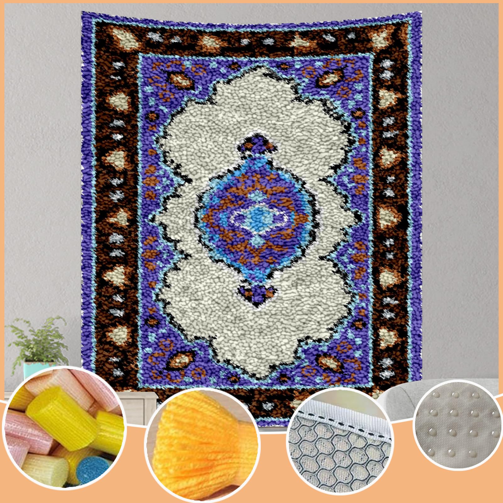 QUIYAEZY Zestaw szydełkowy z wiązanymi ściegami, zestaw dywaników szydełkowych 75 x 110 cm DIY haczyki zatrzaskowe, dywaniki i płótno, dywaniki do wystroju domu
