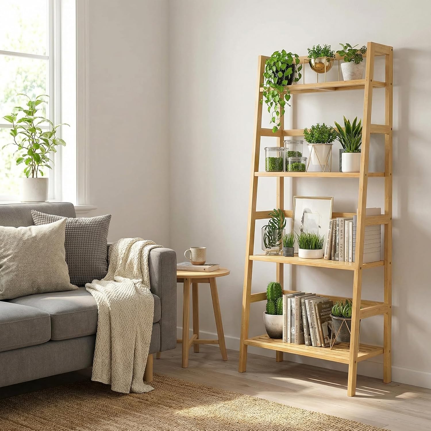 Homykic Ladder Shelf, 4-Tier Bamboo Ladder Bookshelf Small Bookcase, 49” Tall Open Display Shelves Wood Plant Stand Storage Rack for Living Room, Bathroom, Bedroom, Home Office