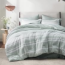 Bedsure Bed in a Bag Queen Size 7 - Pieces Sage Green White Striped Bedding Comforter Sets All Season Bed Set, 2 Pillow Shams, Flat Sheet, Fitted Sheet and 2 Pillowcases